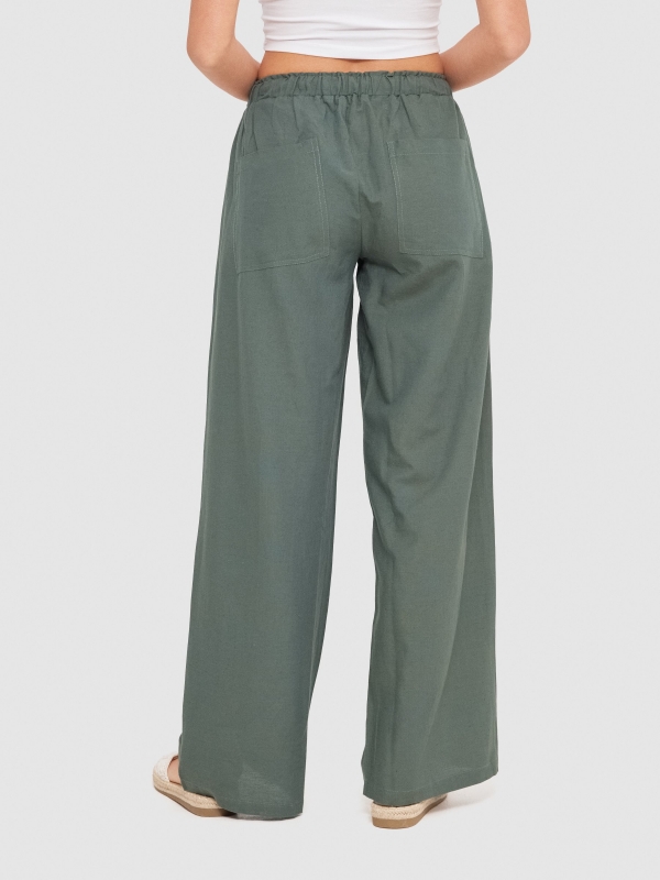 Wide-leg linen pants dark green middle back view