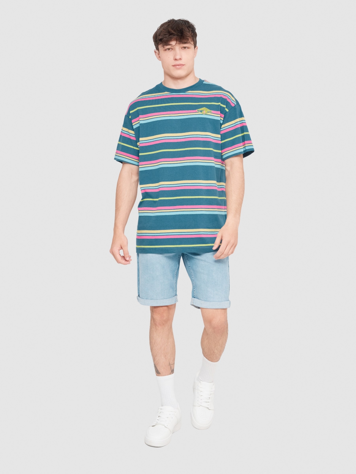 Oversize T-shirt with coloured stripes petrol blue front view