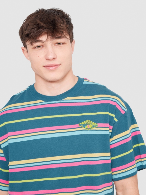 Oversize T-shirt with coloured stripes petrol blue detail view
