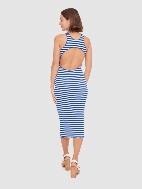 Striped fitted midi dress electric blue middle back view