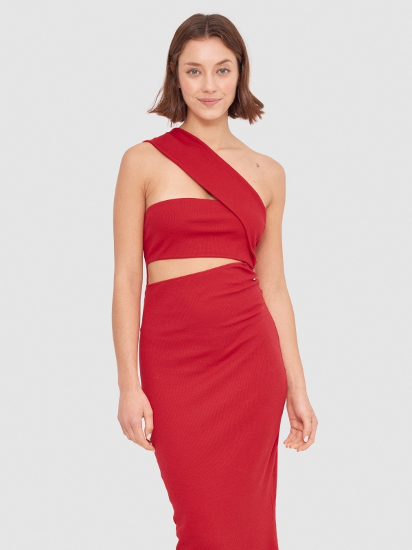 One asymmetric strap midi dress red front view