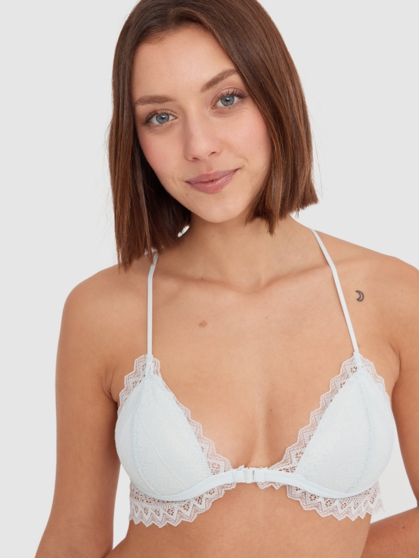 Lace triangle bra sky blue front view