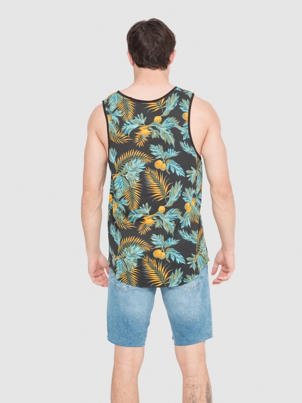 Tropical leaves tank top black middle back view