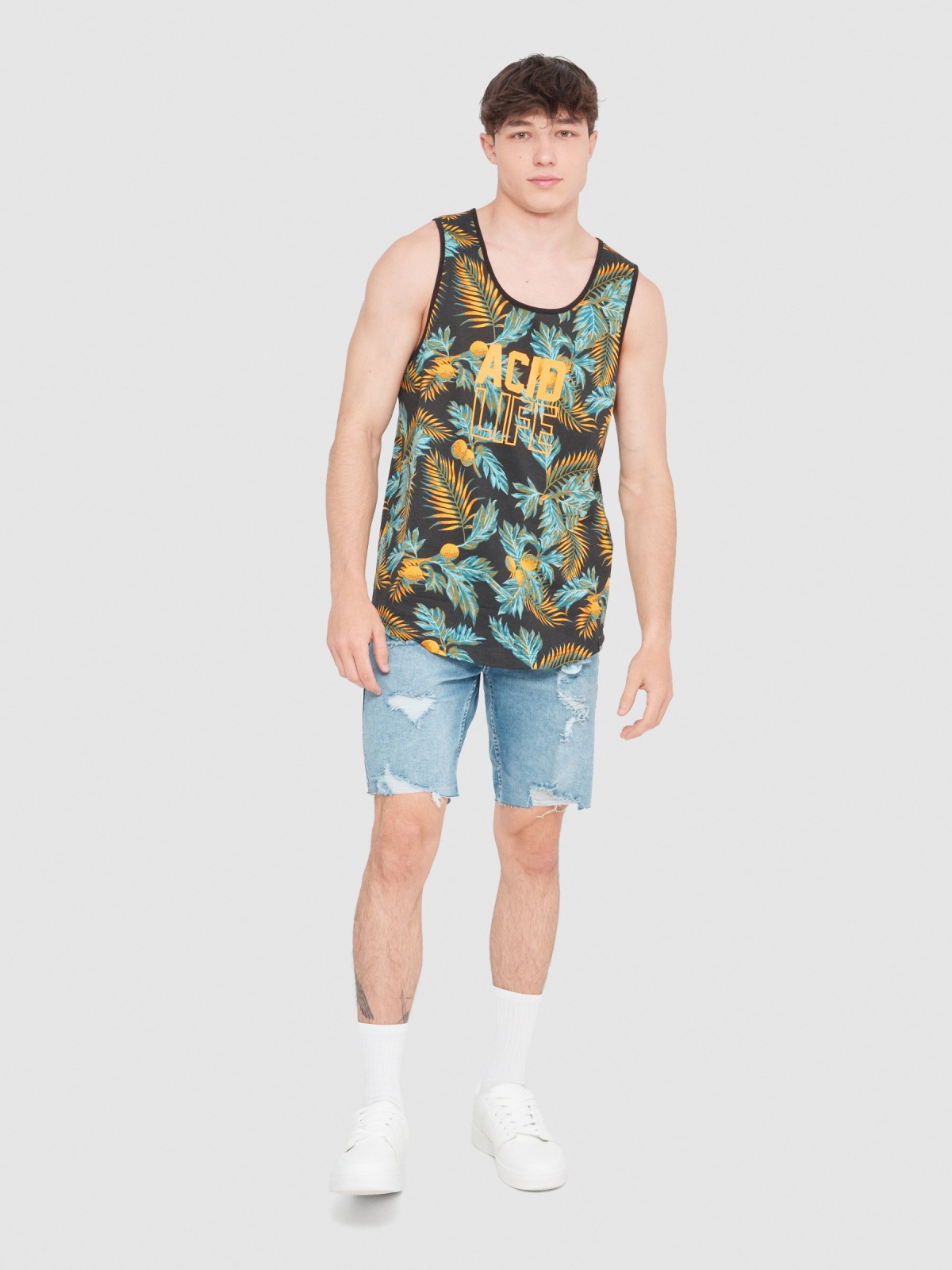 Tropical leaves tank top black front view