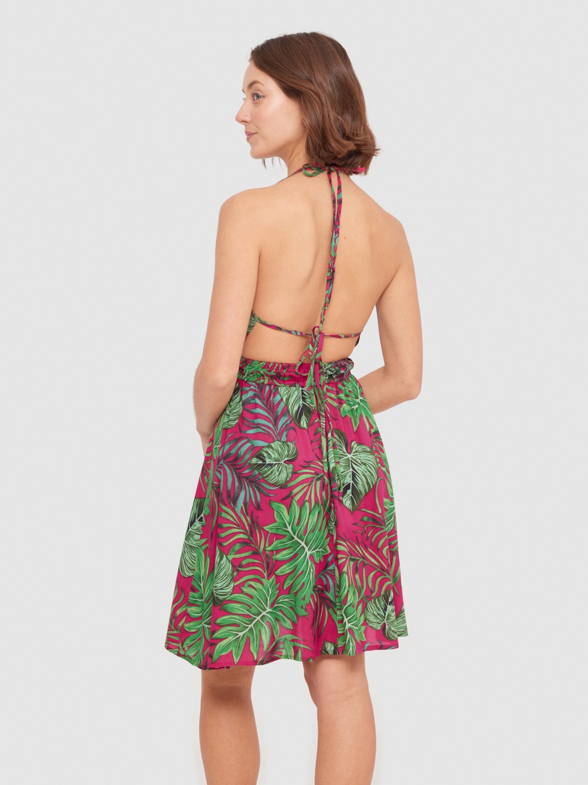 Tropical print halter minidress multicolor middle back view