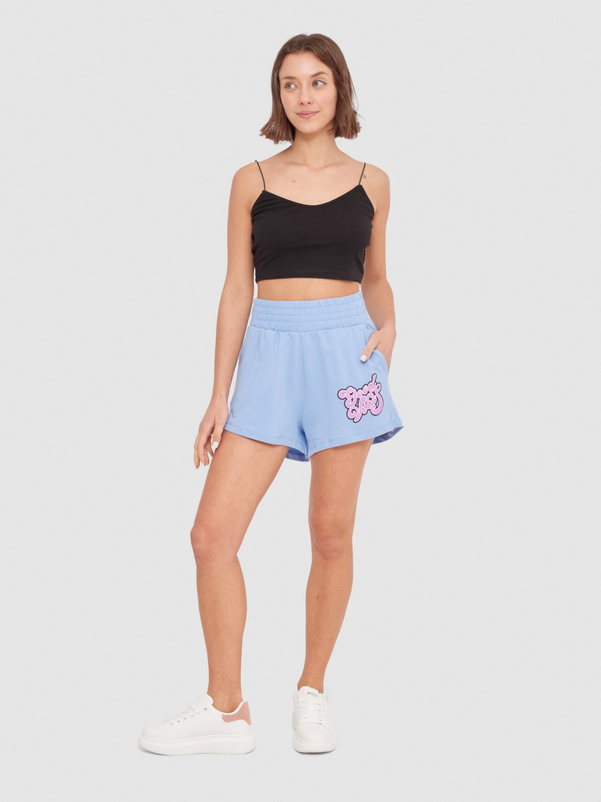 Good Vibes knitted shorts blue front view