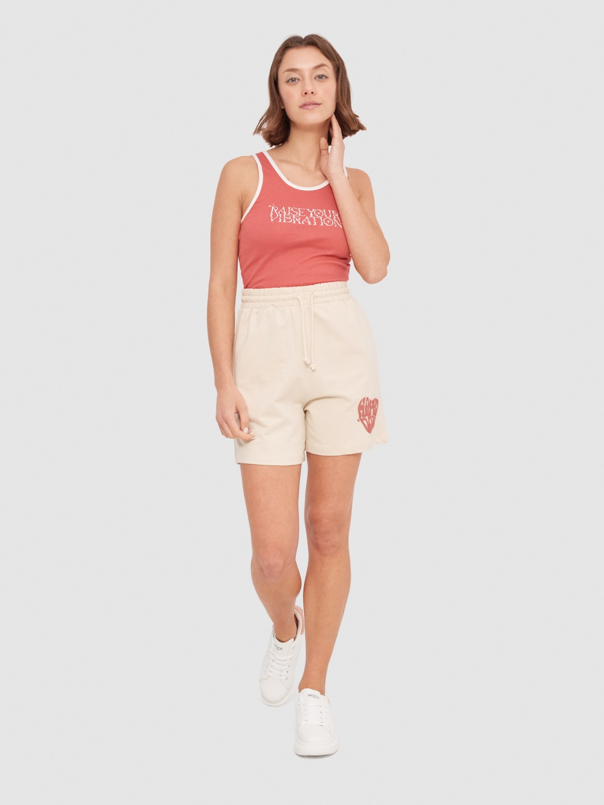 Graphic knitted shorts sand front view