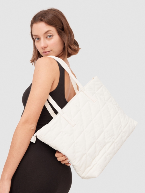 Nylon shopper bag ivory with a model