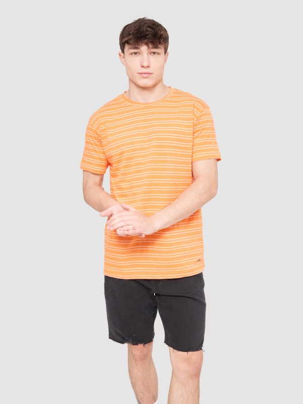 Textured striped T-shirt salmon middle front view