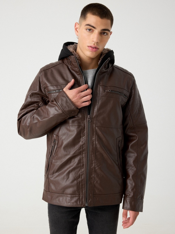 Hooded fur effect jacket with sheepskin hood brown middle front view