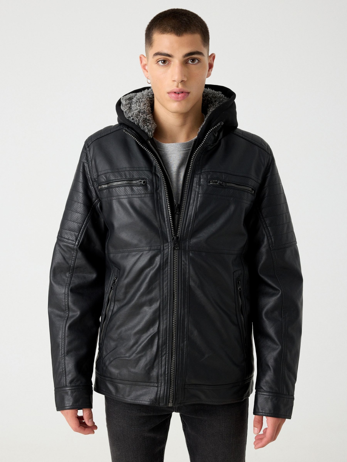 Faux leather jacket with hood black middle front view