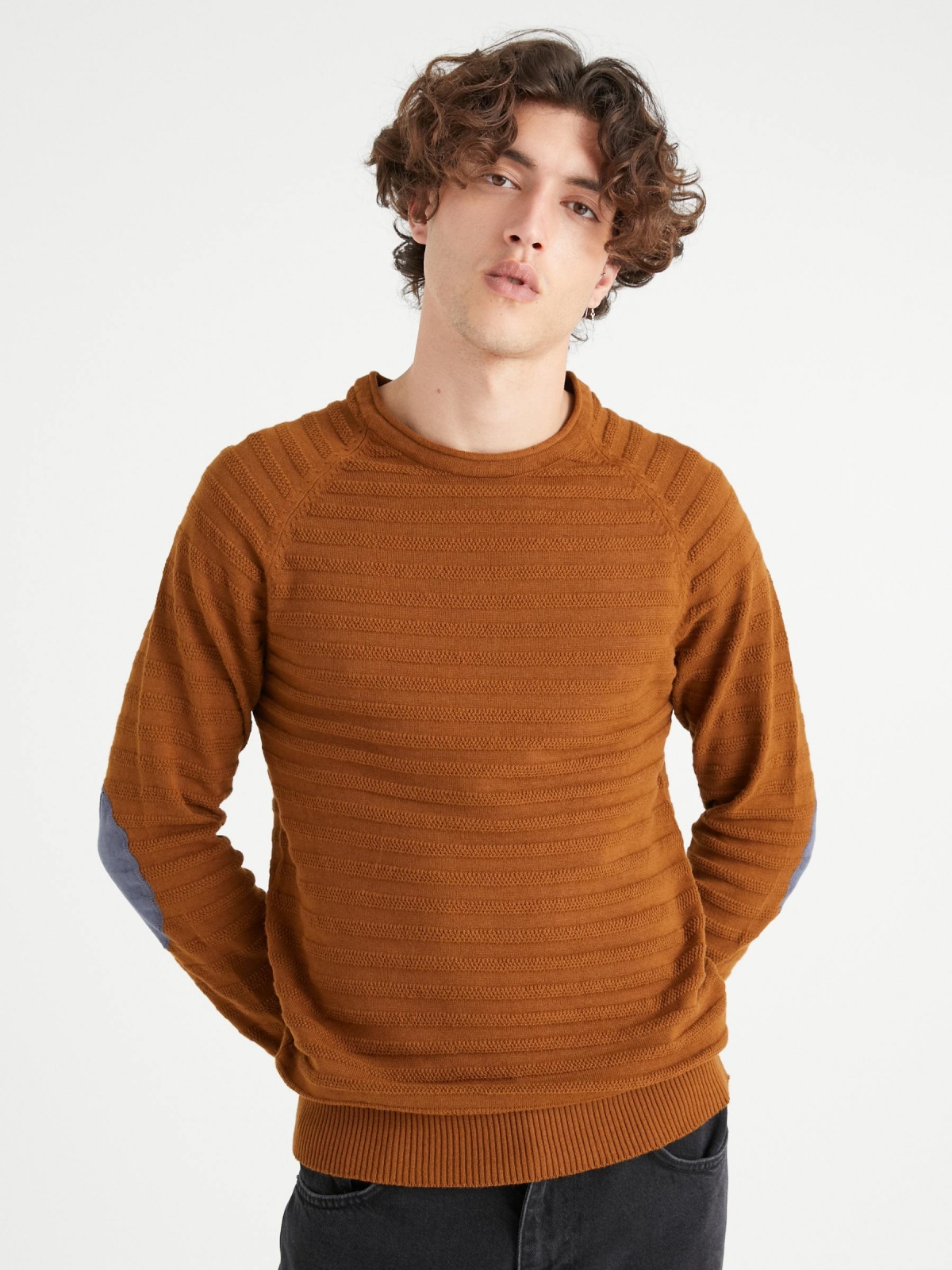 Striped shirting with elbow patches brown middle front view