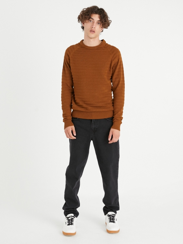 Striped shirting with elbow patches brown front view
