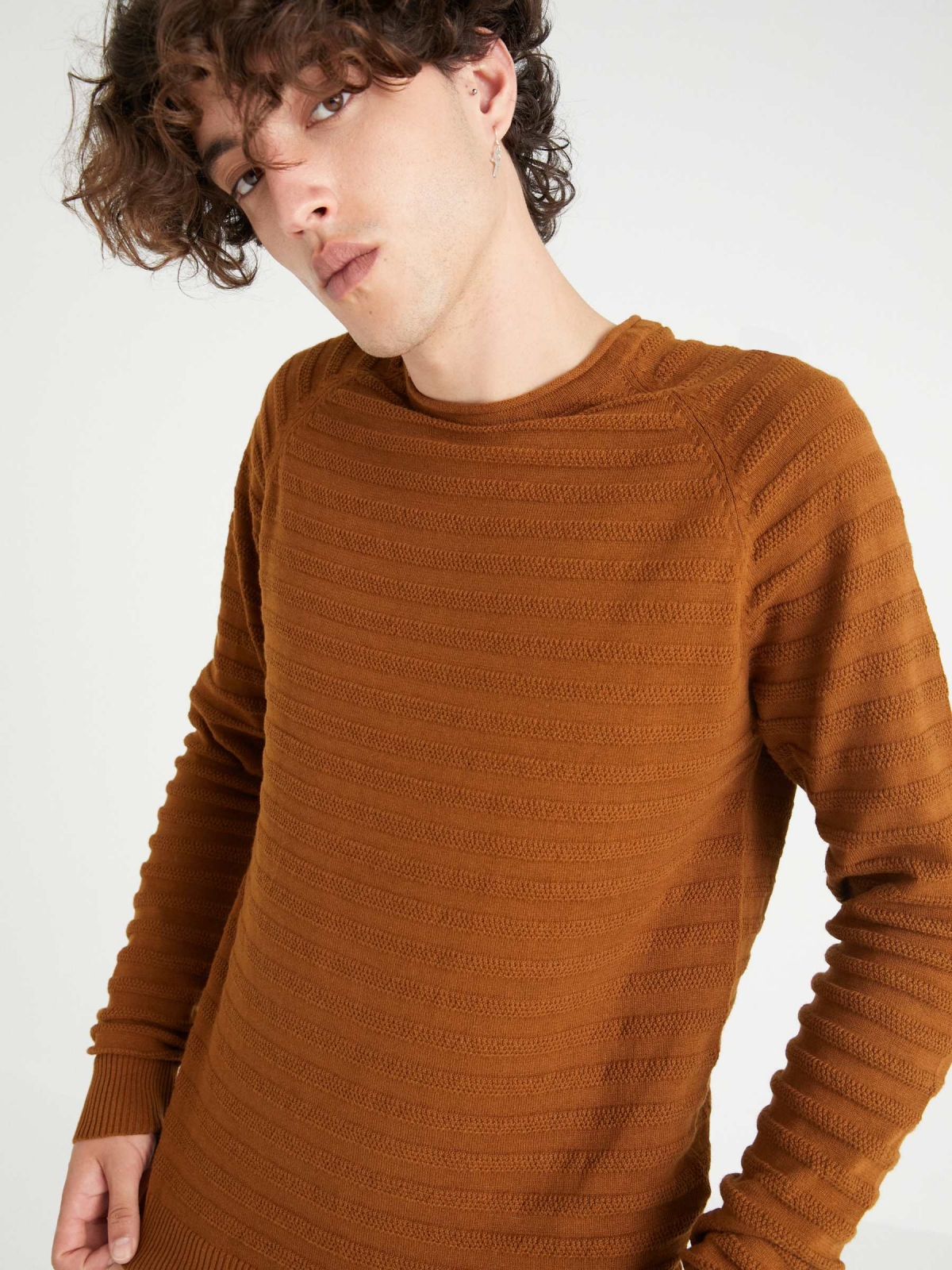 Striped shirting with elbow patches brown detail view