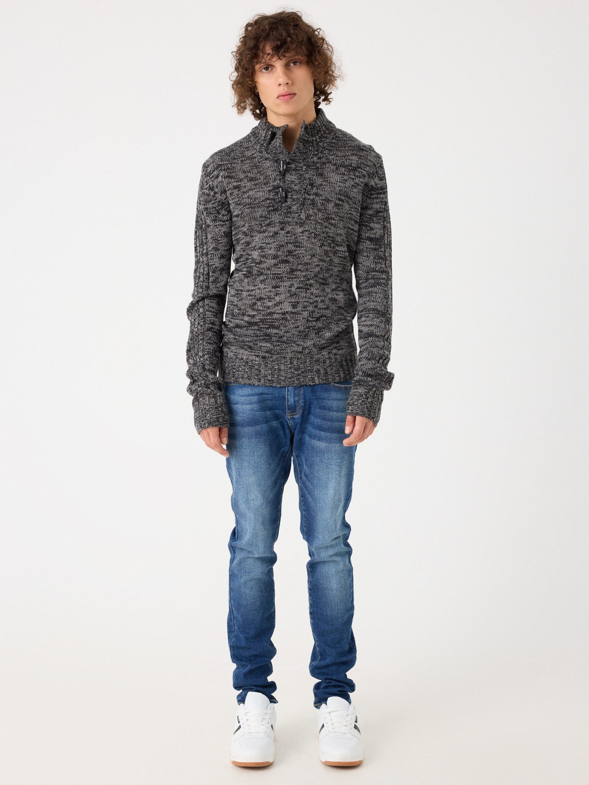 Fleece turtleneck sweater dark grey front view