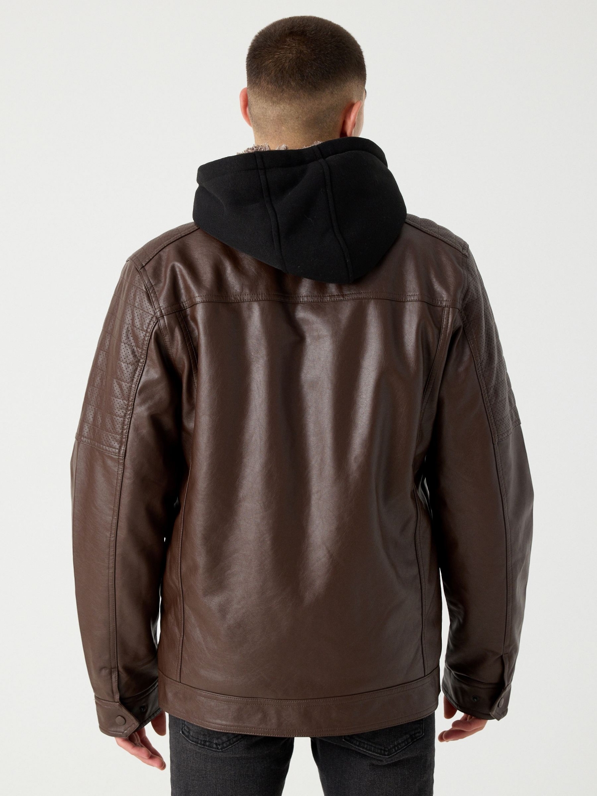 Hooded fur effect jacket with sheepskin hood brown middle back view
