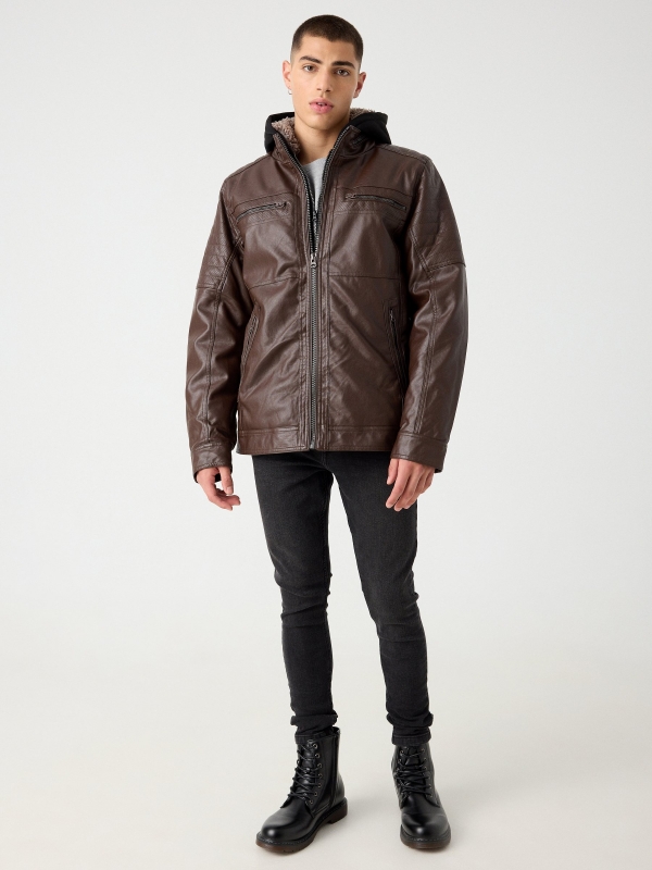 Hooded fur effect jacket with sheepskin hood brown front view