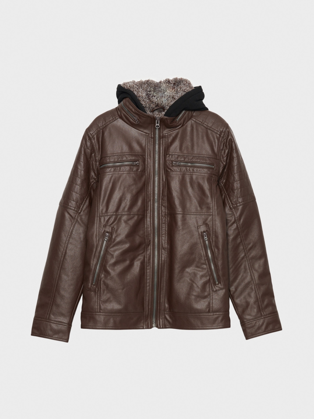  Hooded fur effect jacket with sheepskin hood brown