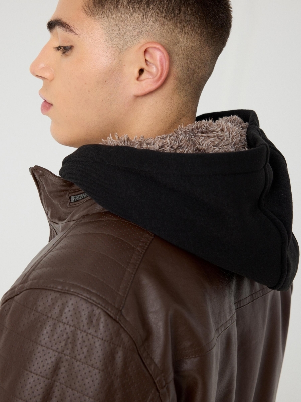 Hooded fur effect jacket with sheepskin hood brown detail view
