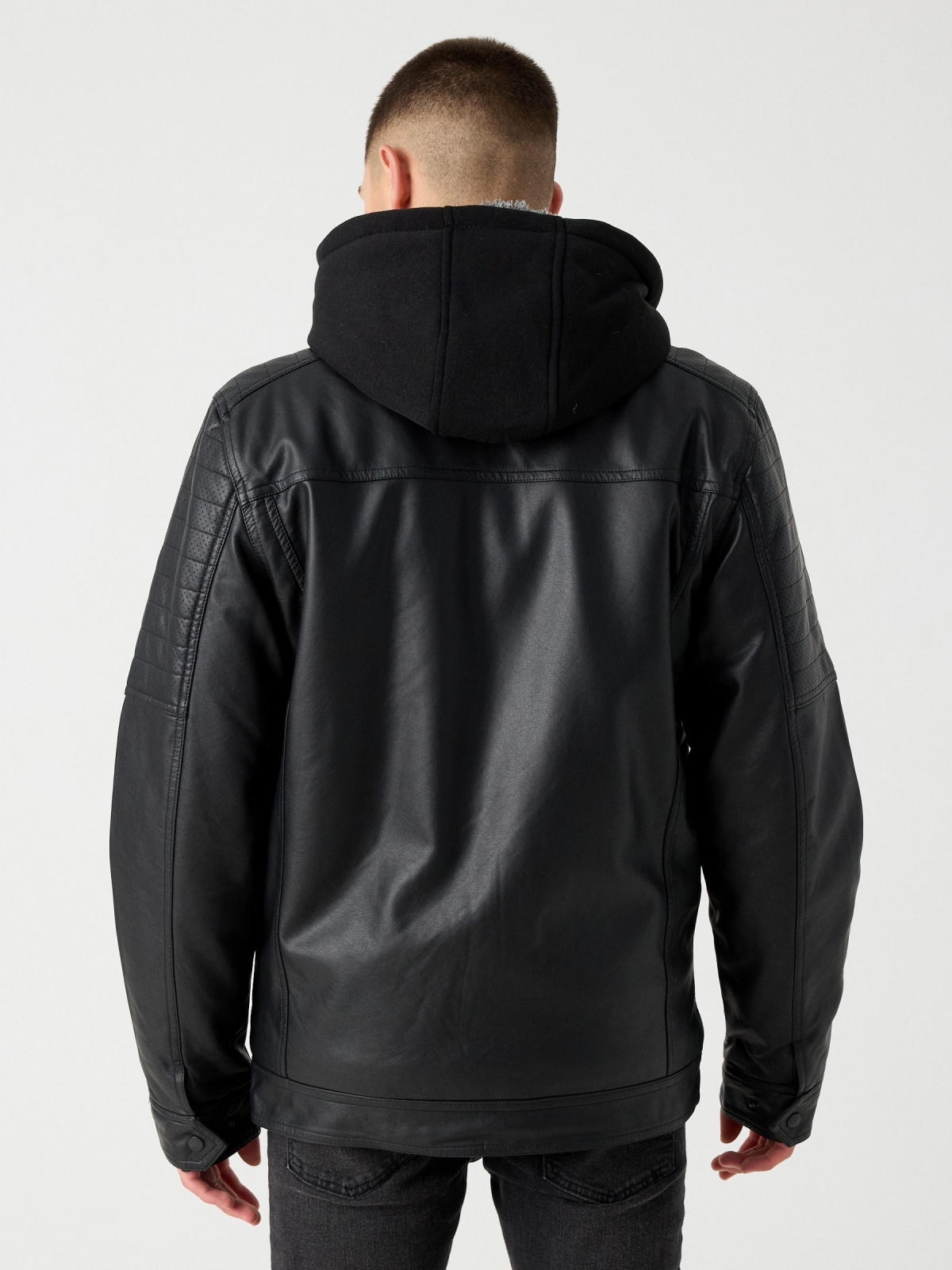 Faux leather jacket with hood black middle back view