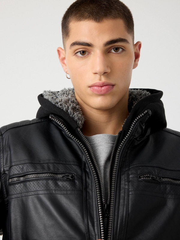 Faux leather jacket with hood black foreground