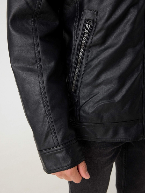 Faux leather jacket with hood black detail view