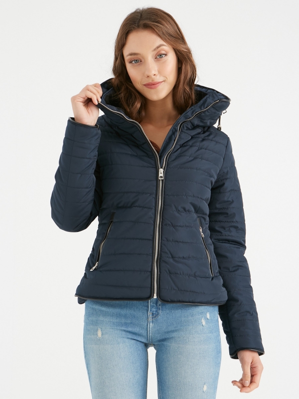 Quilted coat with hood blue middle front view