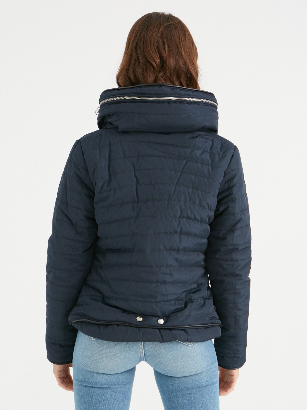 Quilted coat with hood blue middle back view