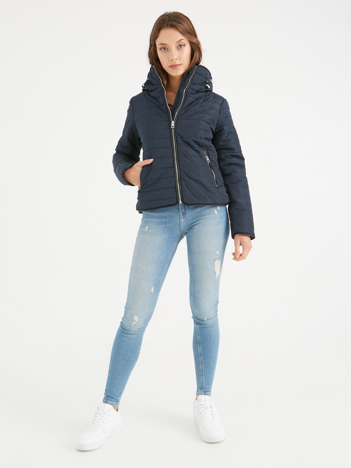 Quilted coat with hood blue front view
