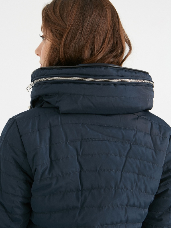 Quilted coat with hood blue detail view