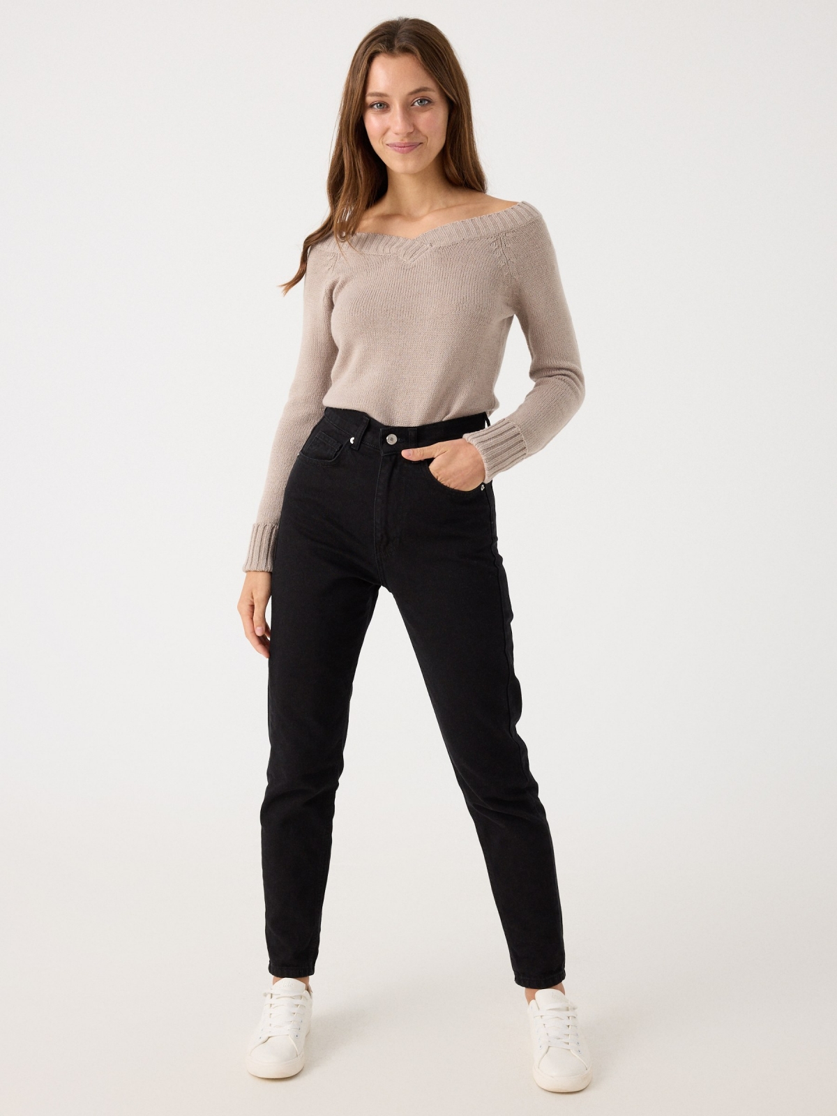 V-neck knit sweater sand front view