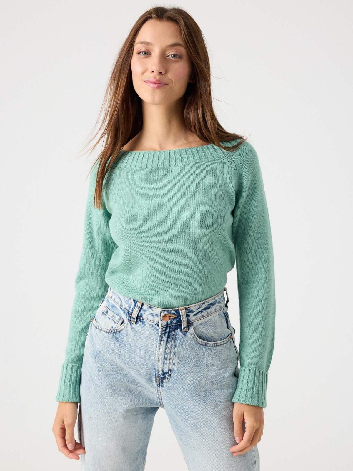 Basic sweater with bardot neckline green middle front view