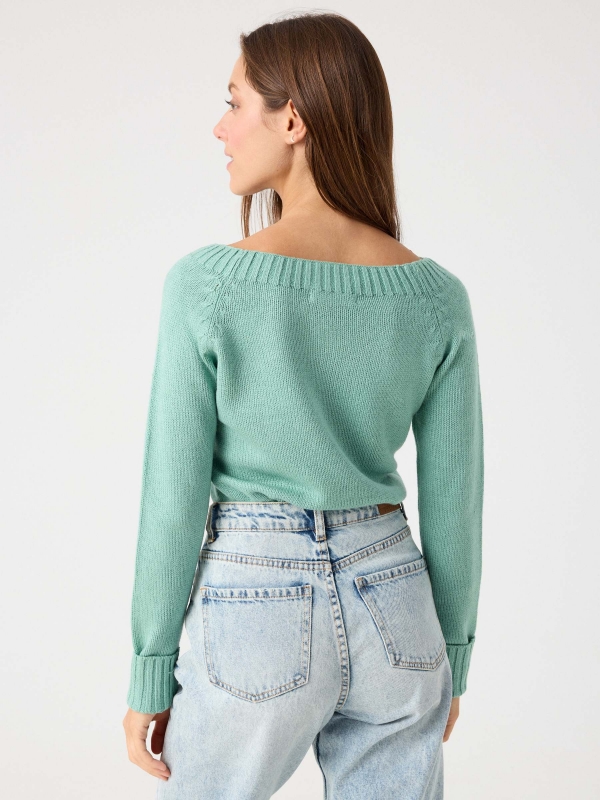 Basic sweater with bardot neckline green middle back view