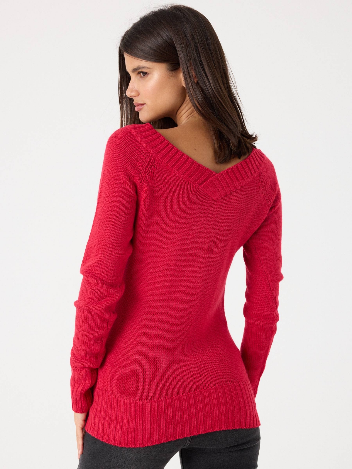 V-neck knit sweater red middle back view