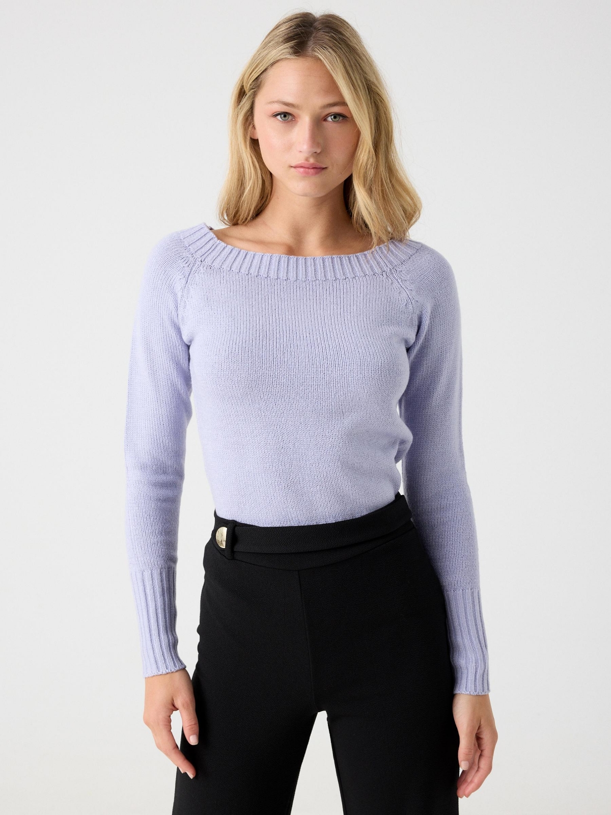 Basic sweater with bardot neckline mauve middle front view
