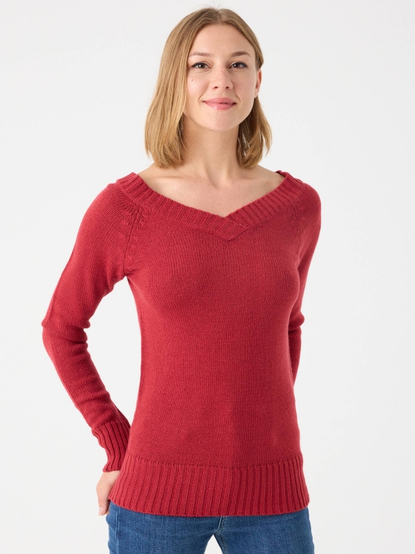 V-neck marbled sweater garnet middle front view