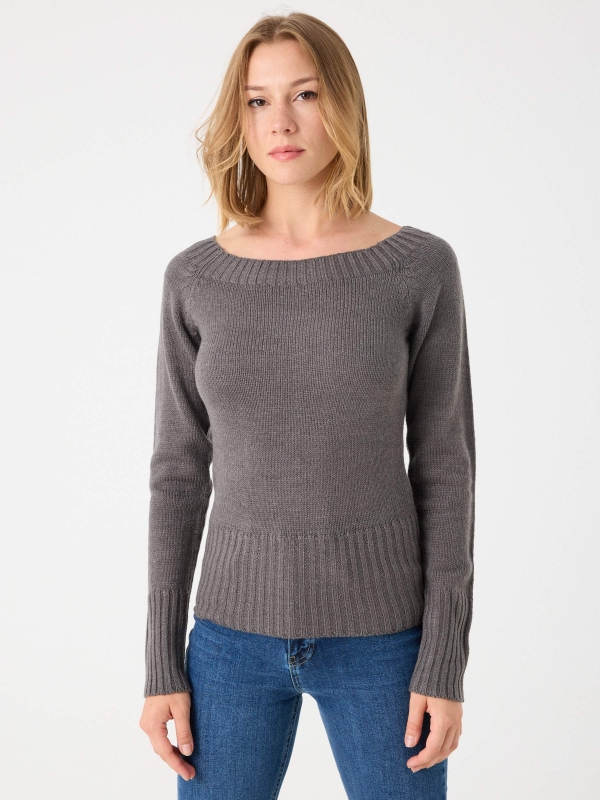 Basic sweater with bardot neckline dark grey middle front view