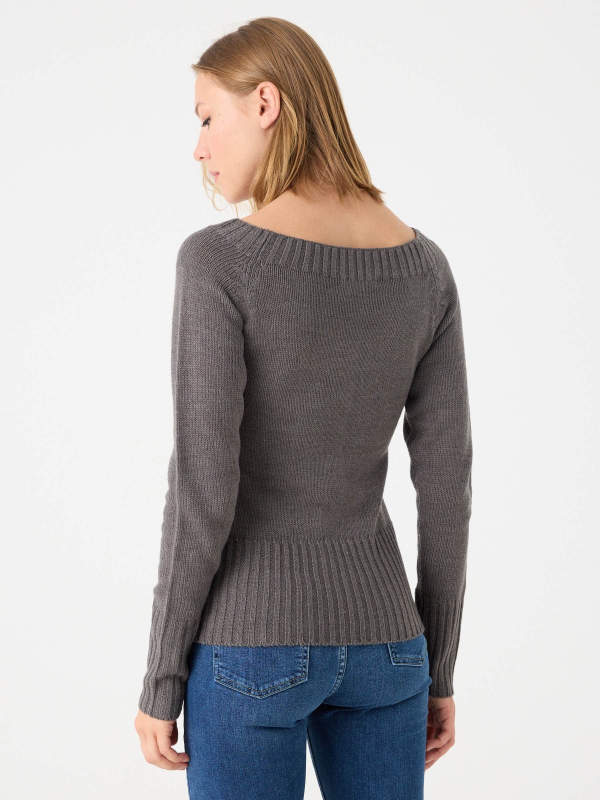 Basic sweater with bardot neckline dark grey middle back view