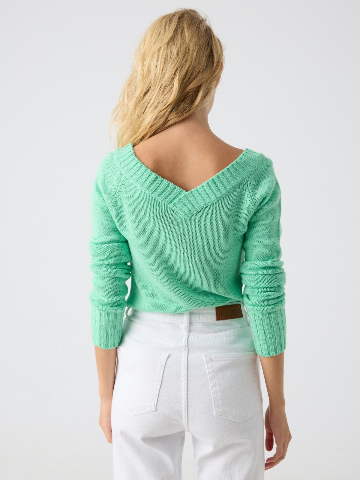 V-neck knit sweater green middle back view