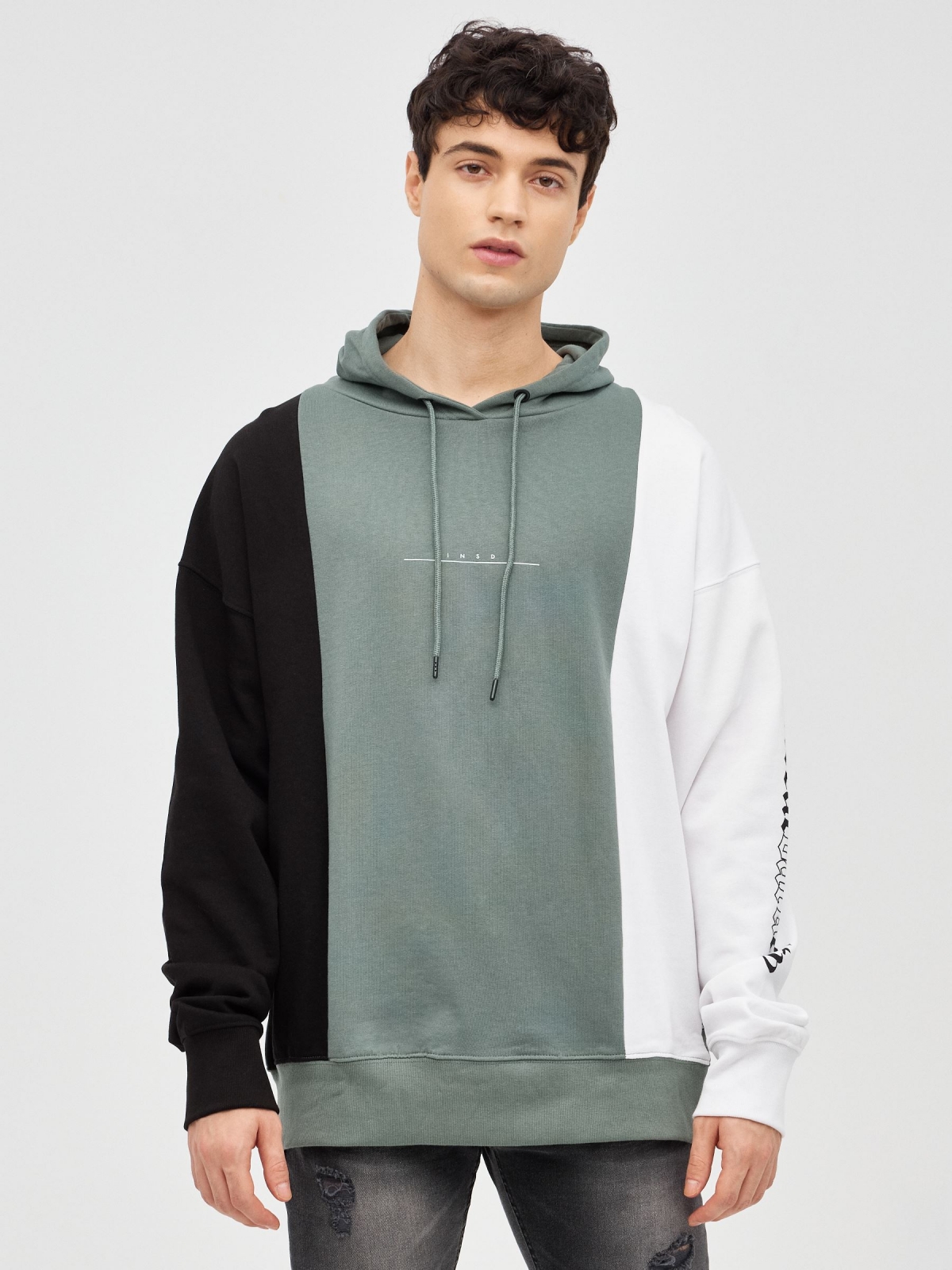 Tricolor sweatshirt with text greyish green middle front view