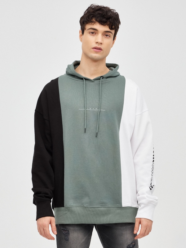 Tricolor sweatshirt with text greyish green middle front view