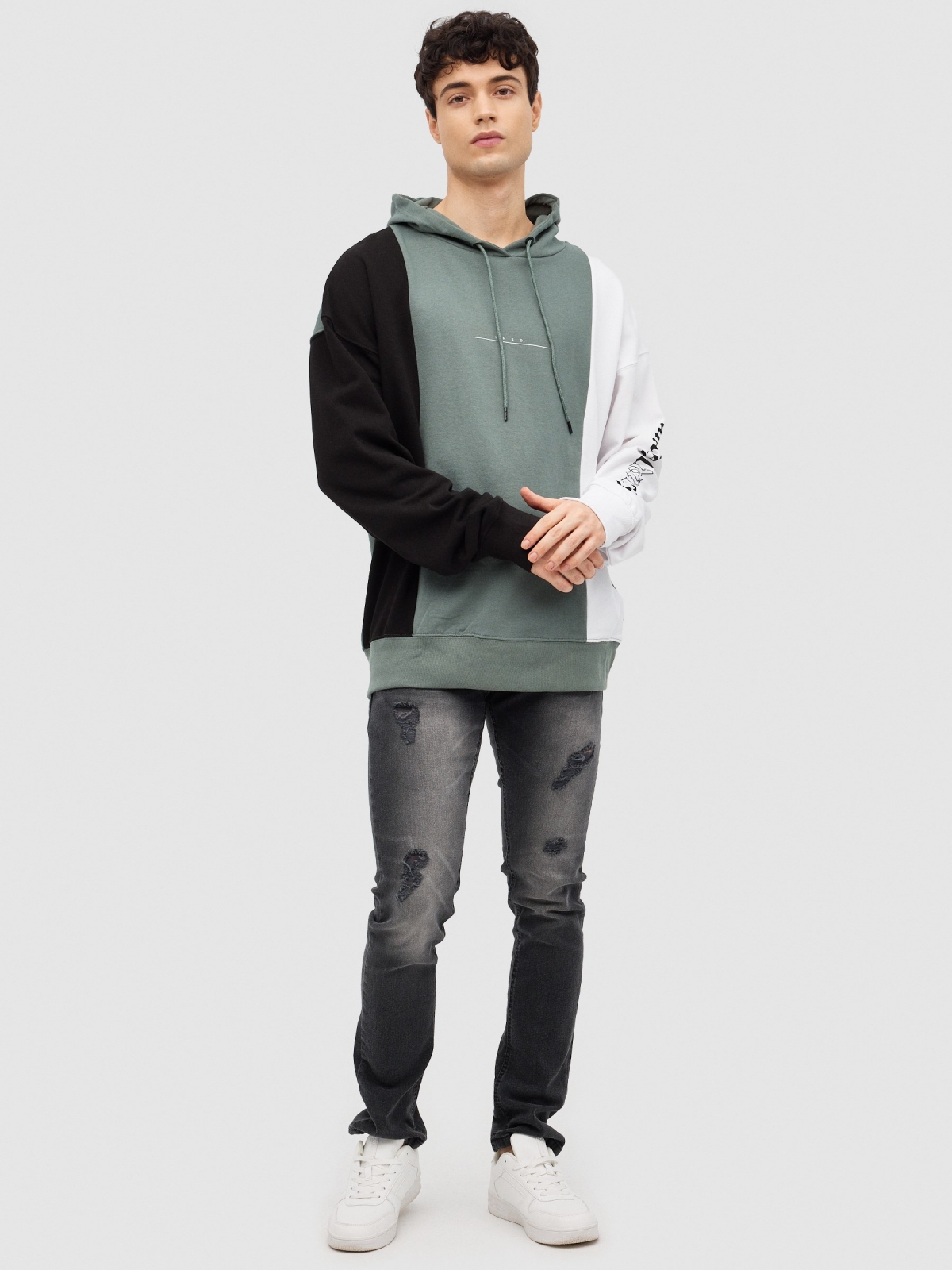 Tricolor sweatshirt with text greyish green front view