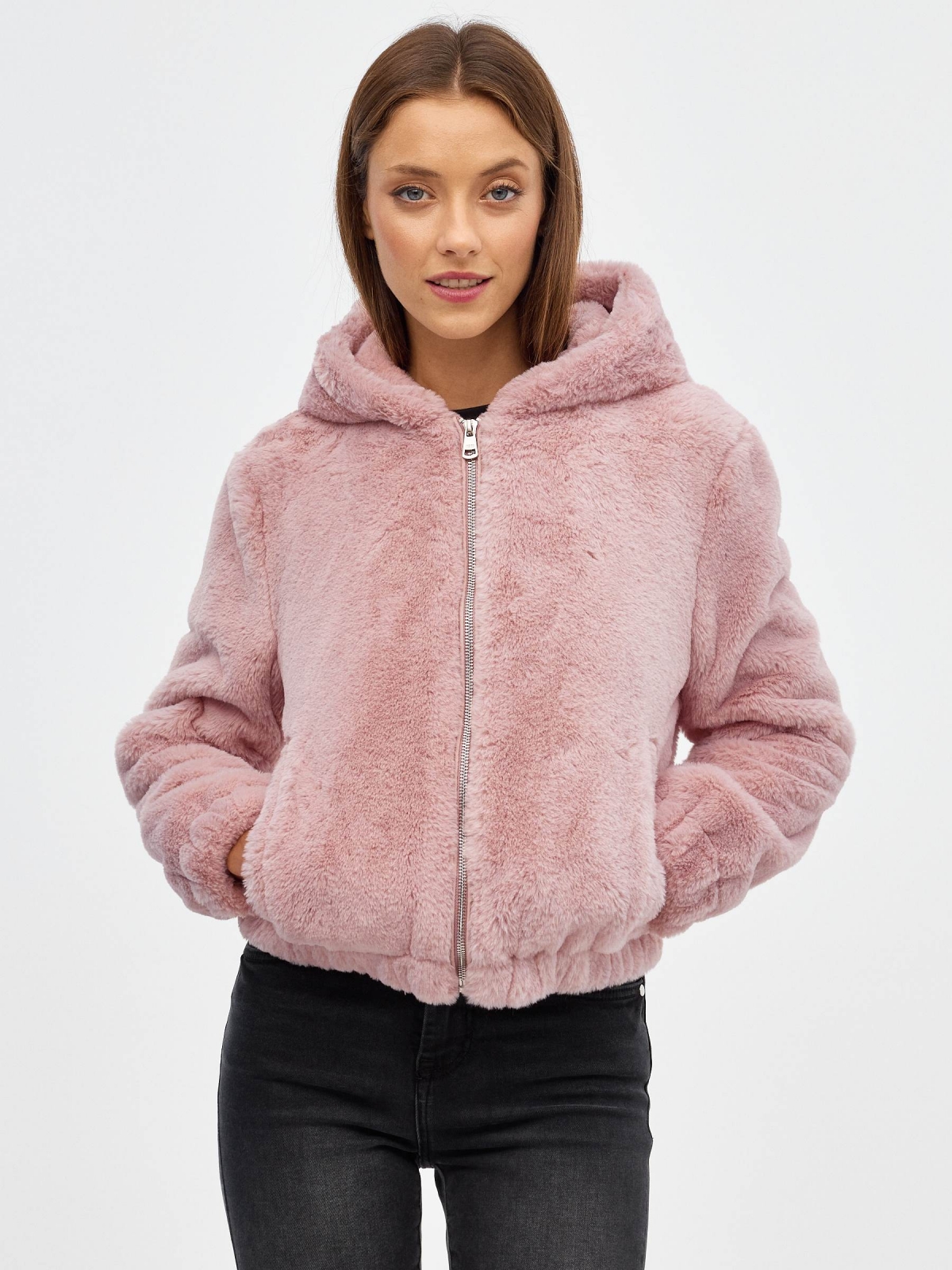 Pink fur effect jacket pink middle front view
