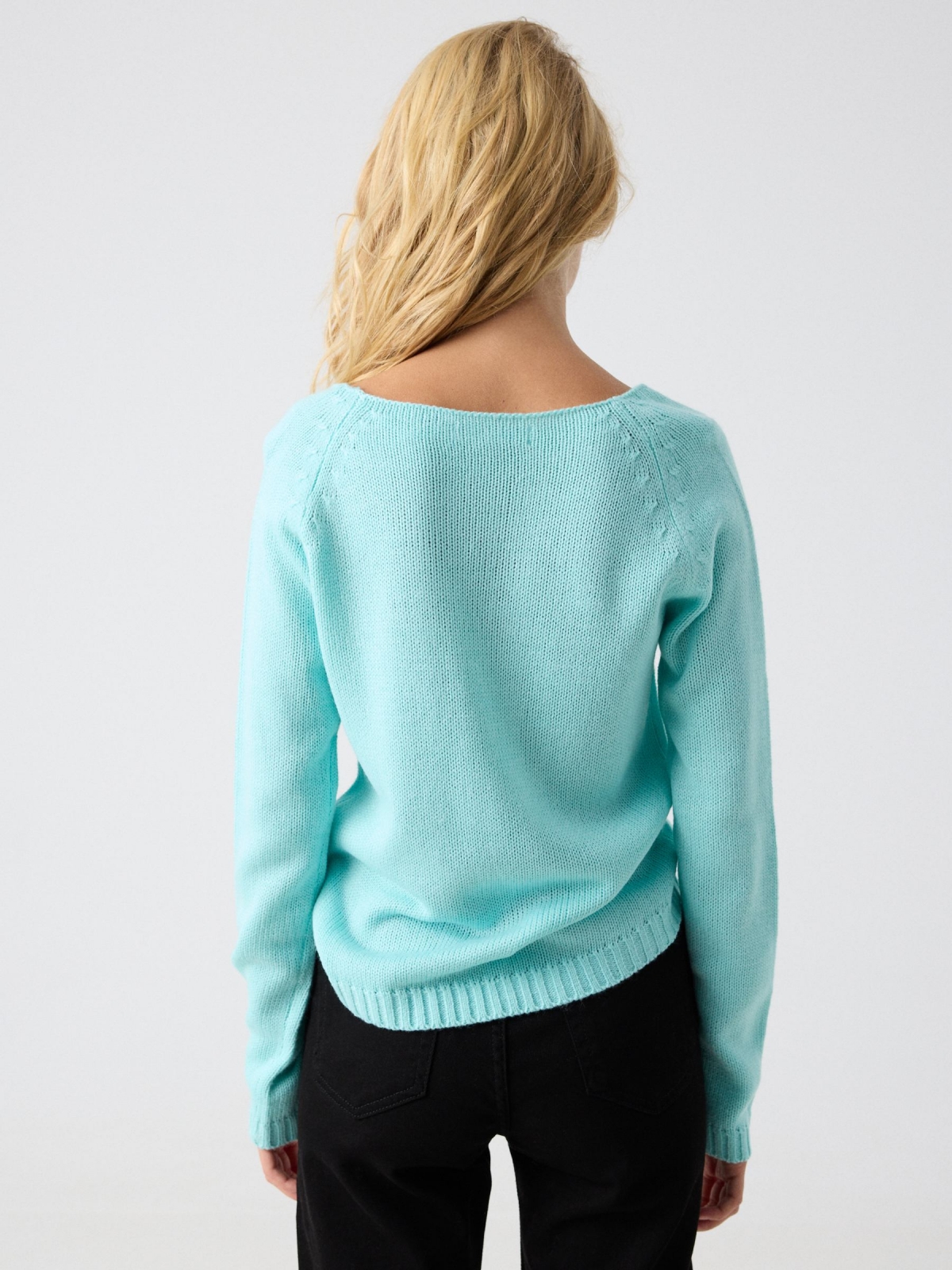 Basic crew neck sweater blue middle back view