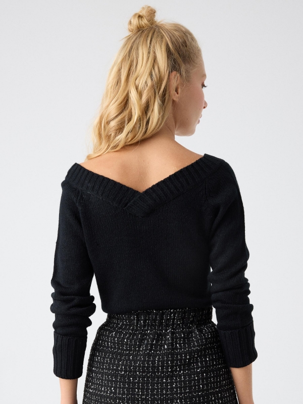 V-neck marbled sweater black middle back view
