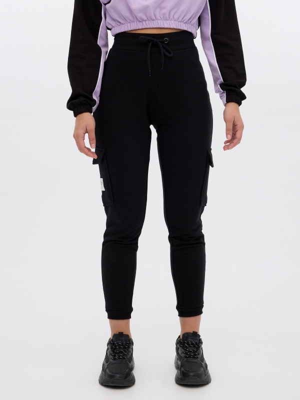 Black jogger pants with pockets black middle front view