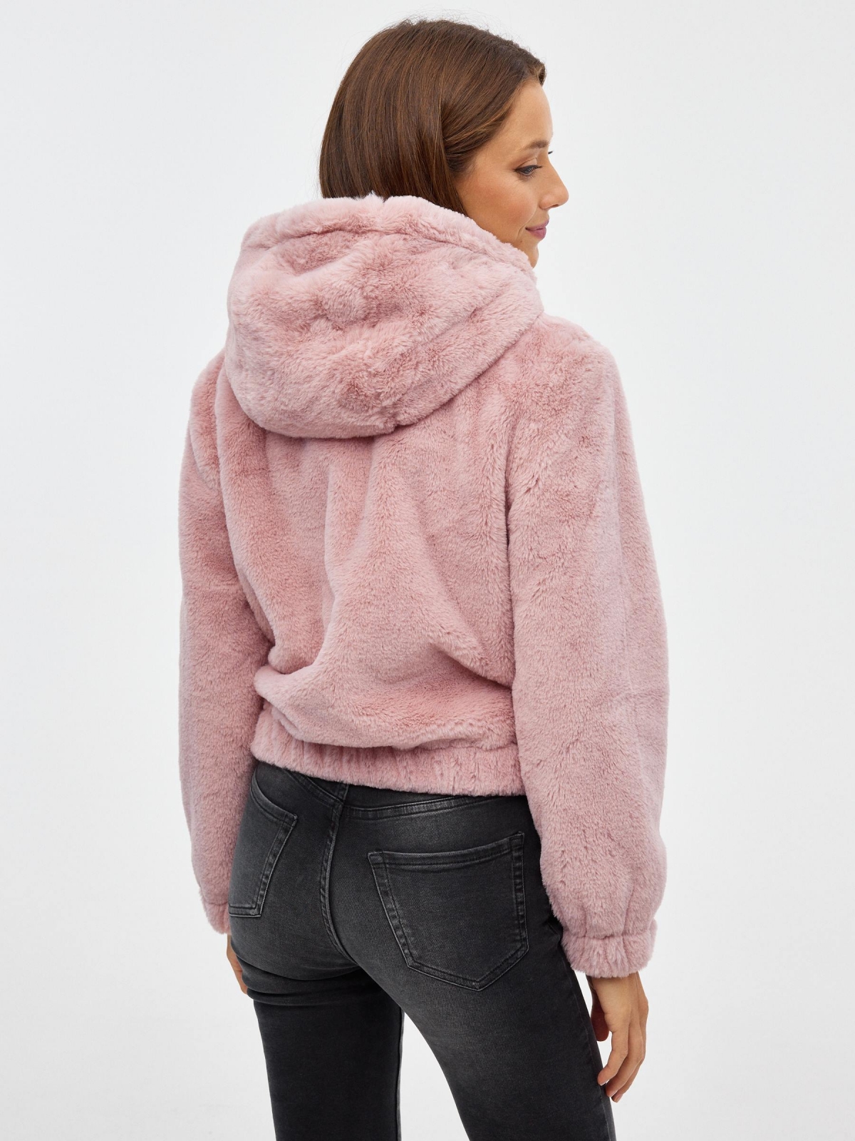Pink fur effect jacket pink middle back view