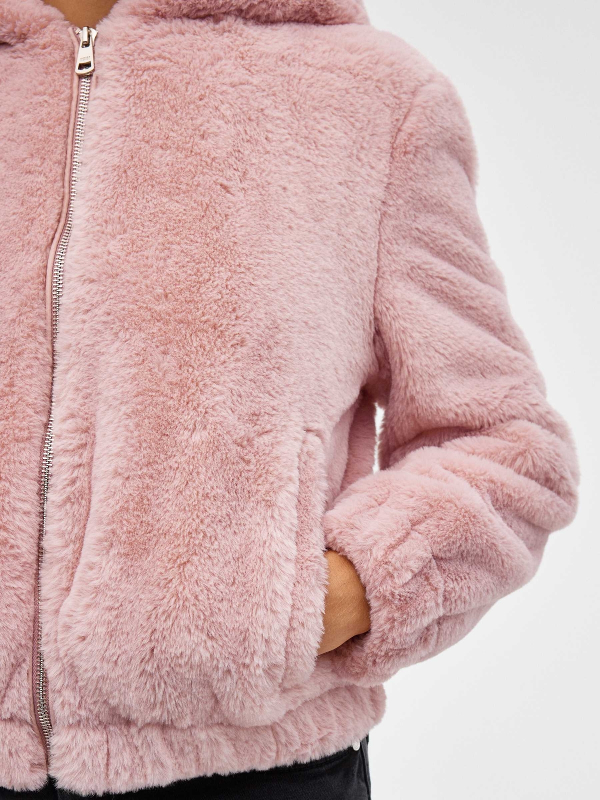 Pink fur effect jacket pink detail view