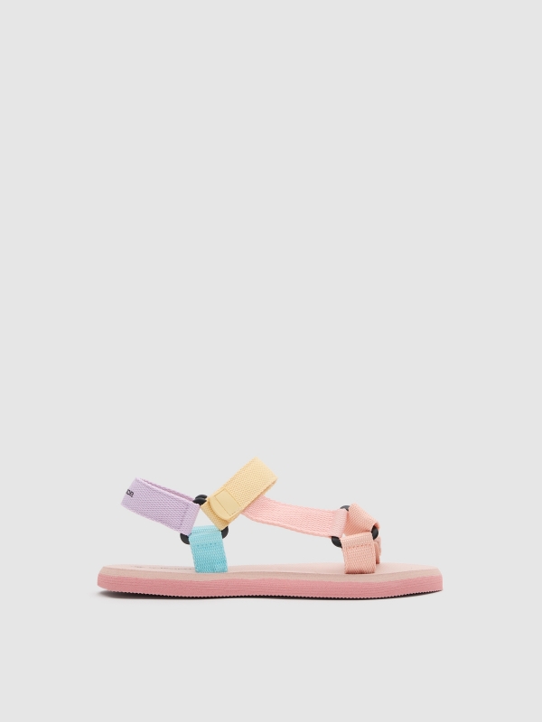 Velcro flip flops with pastel strips multicolor 45º back view