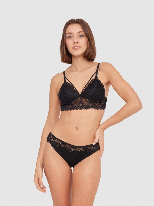Lace triangle bra black middle front view